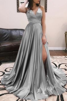 simple grey long prom dresses, fashion prom dresses with high leg split, cheap a line graduation party dresses  cg6817