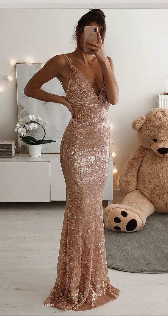 stunning sequined long prom dresses, mermaid rose gold prom dresses, sexy party dresses for teens   cg6839