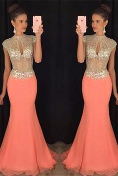 O-Neck Beaded Chiffon Prom Dress Sexy See Through Mermaid Evening Dress  cg6855