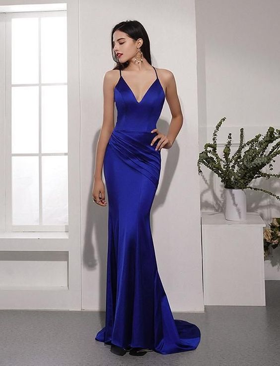 Royal Blue V-Neck Mermaid Prom Dresses,Spaghetti Straps Backless Evening Party Dresses  cg6878
