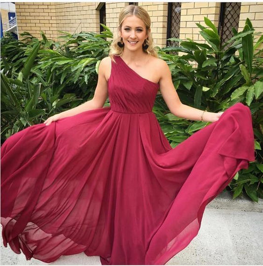 Simple burgundy one shoulder long prom dress, burgundy evening dresses  cg6941