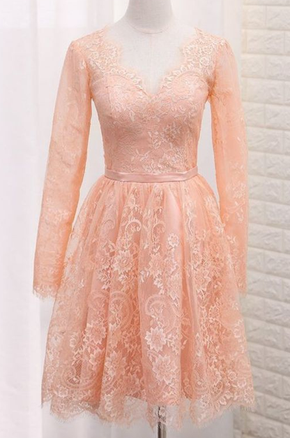 A Line V Neck Long Sleeves Lace Homecoming Dresses With Sash  cg6952