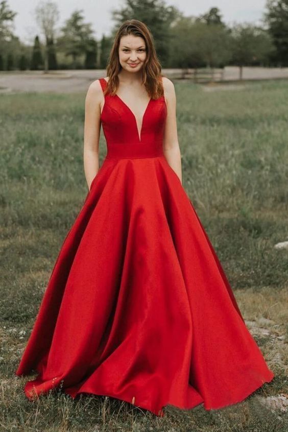 Simple A-Line V-Neck Satin Long Cheap Red Prom Dresses   cg6959