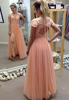 A-Line Cold Shoulder Open Back Coral Tulle Prom Dress with Appliques  cg6991