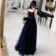 Stylish A Line Spaghetti Straps Navy Blue Prom Dress with Beading, Long Evening Dress  cg7125