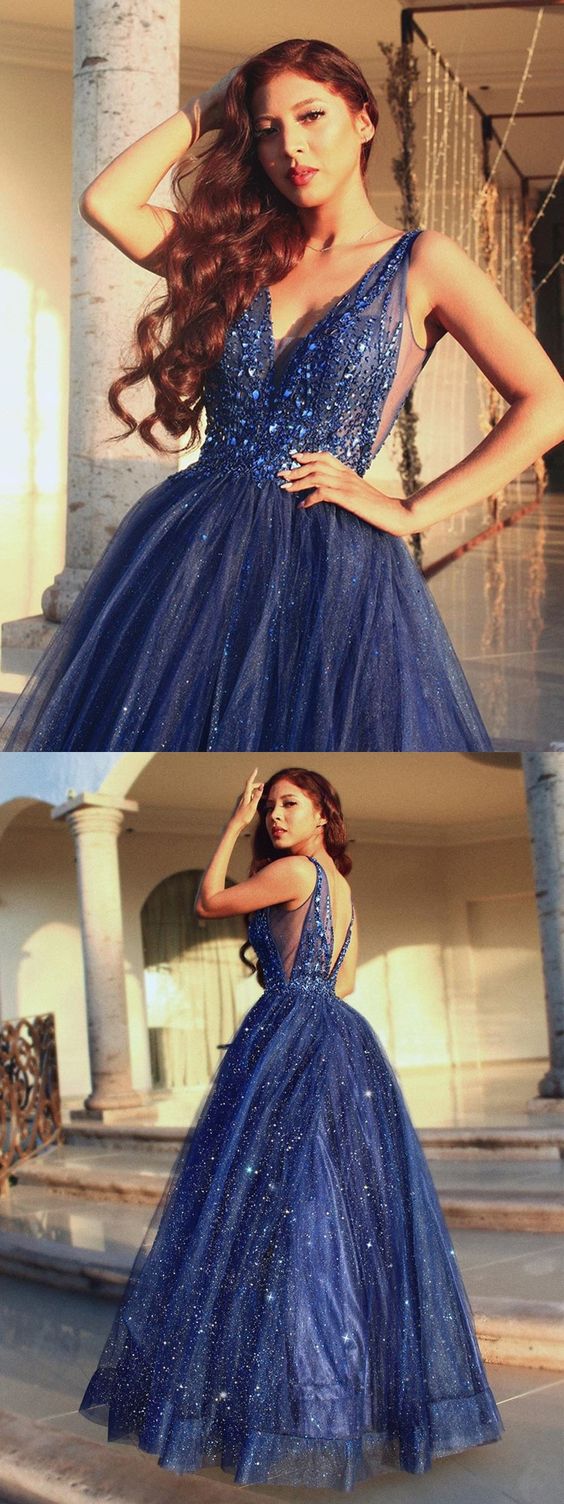 Gorgeous A-Line V Neck Open Back Navy Blue Beaded Long Prom Dresses,Sparkly Evening Party Dresses,Ball Gown Formal Dresses  cg7127