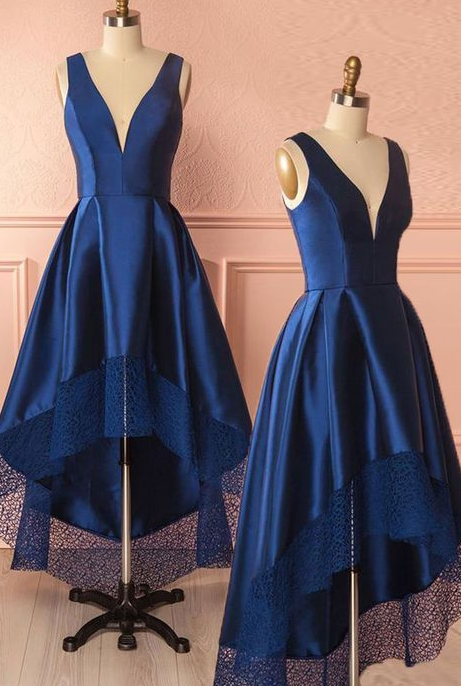 Dark blue v neck high low prom dress, dark blue bridesmaid dress  cg7129