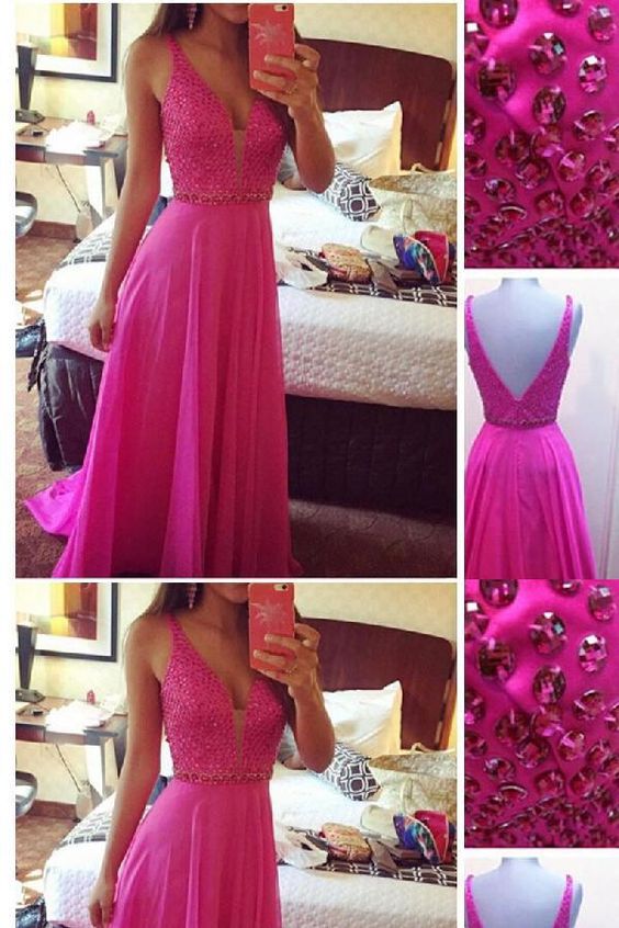 Hot Pink Beaded Prom Dresses,Deep V-neck Prom Dress,Sexy Evening Dresses  cg7141