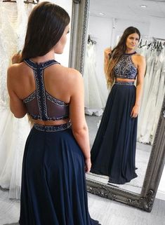 Dark Navy Two Pieces Long Prom Dresses with Beaded Bodice   cg7152