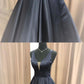 Simple black v neck satin long prom dress, black evening dress cg718