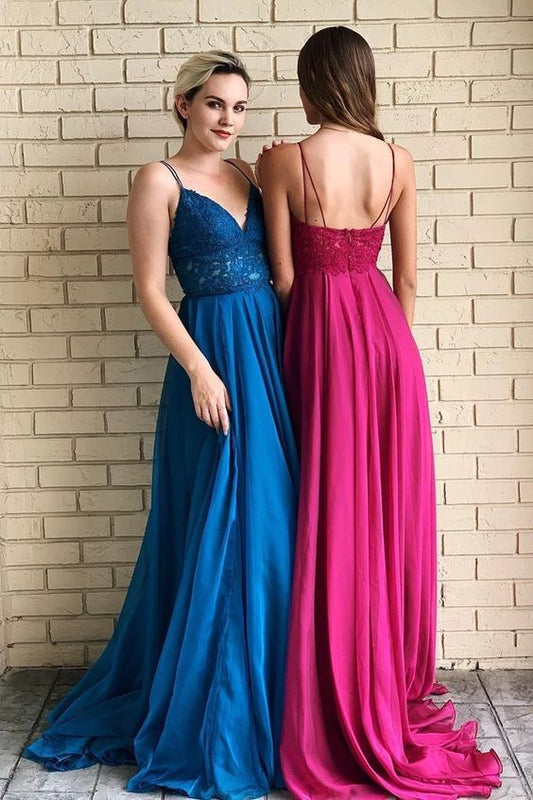Fairy V Neck Spaghetti Straps Open Back Blue Long Prom Dresses with Lace  cg7213