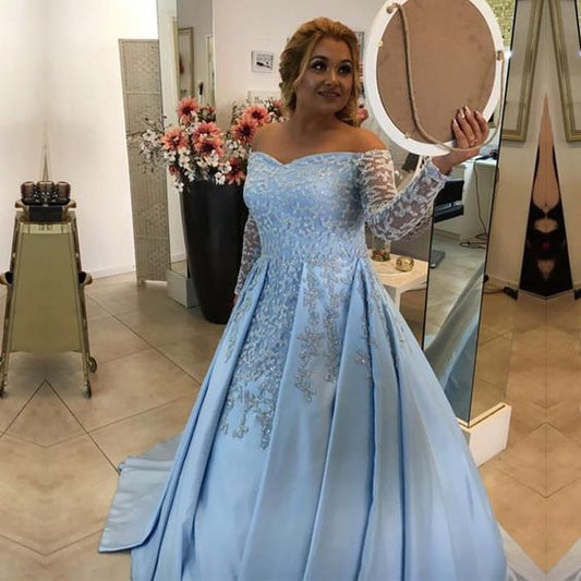 V Neck Off Shoulder Light Blue Satin Ball Gowns Evening prom Dress For Engagement Party  cg7215