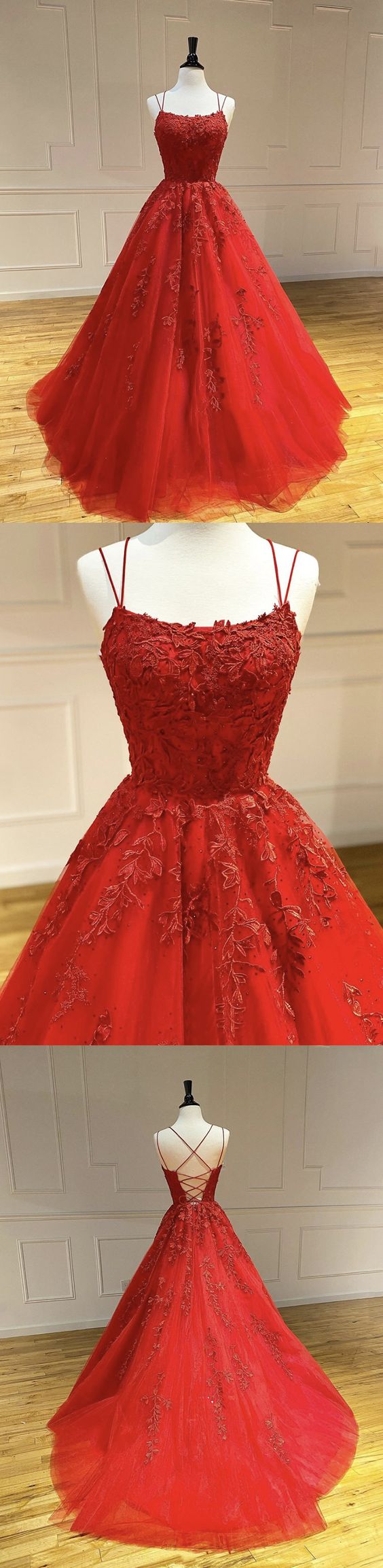 Red tulle lace long prom dress  cg7226