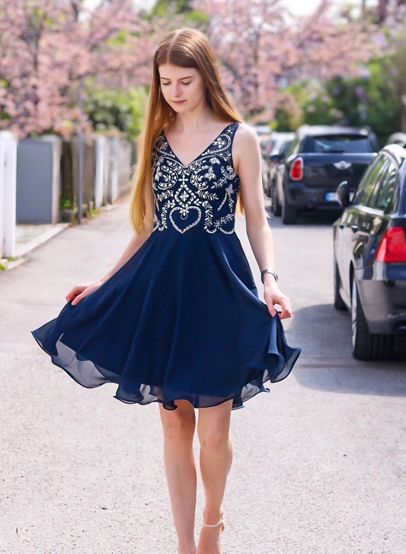 Cute blue v neck beads short dress, homecoming dress cg725