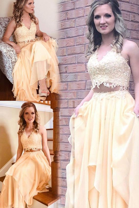 V Neck Two Piece Yellow Long Prom Dress  cg7327