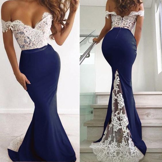 Unique Elegant Lace Top Mermaid Prom Dress Long Off the Shoulder Sexy Party Dresses  cg7342