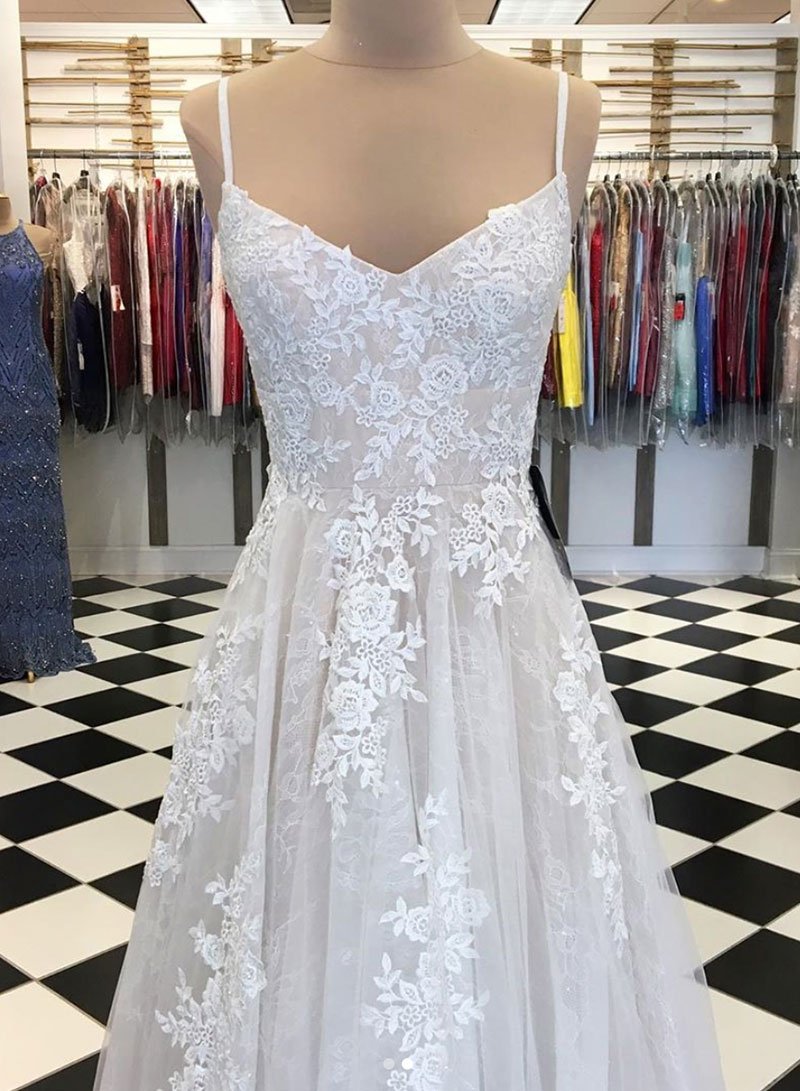 White tulle lace long prom dress, white evening dress cg741