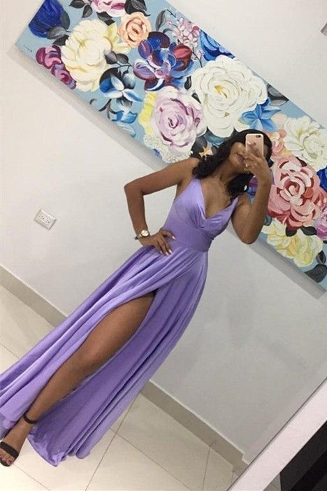 Sexy Lavender A Line Prom Evening Dress V Neck With Slit  cg7431