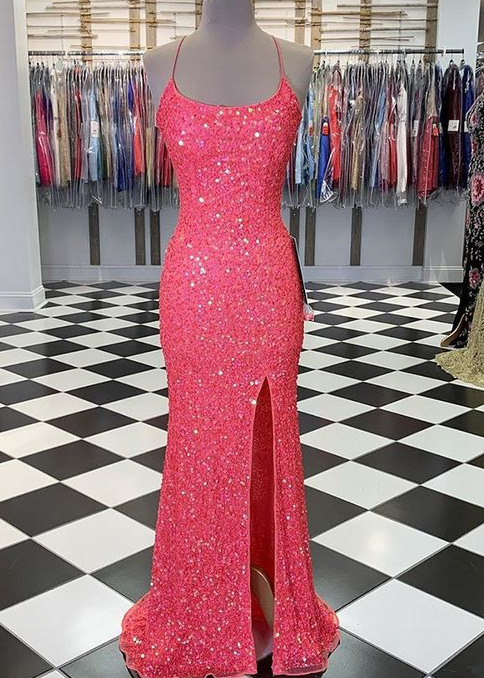 Spaghetti Straps Coral Pink Sequin Mermaid Prom Dress with Slit  cg7528