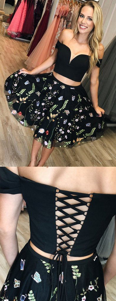 Black Two Piece Off Shoulder Embroidery Homecoming Dresses cg759