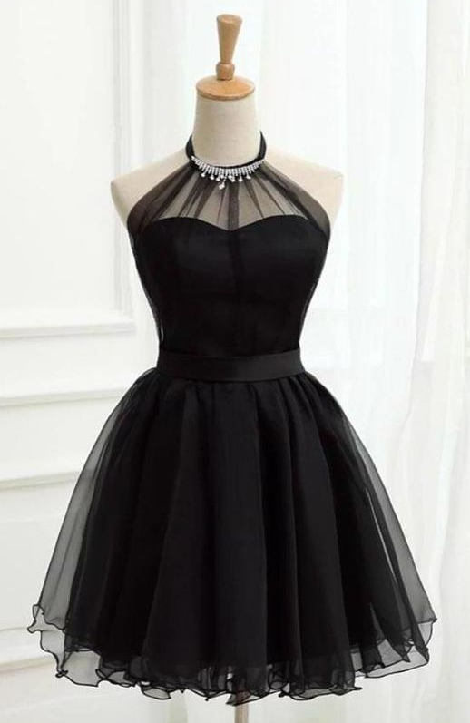 Cute Halter Black Tulle Sleeveless Beads Short Homecoming Dresses  cg7661