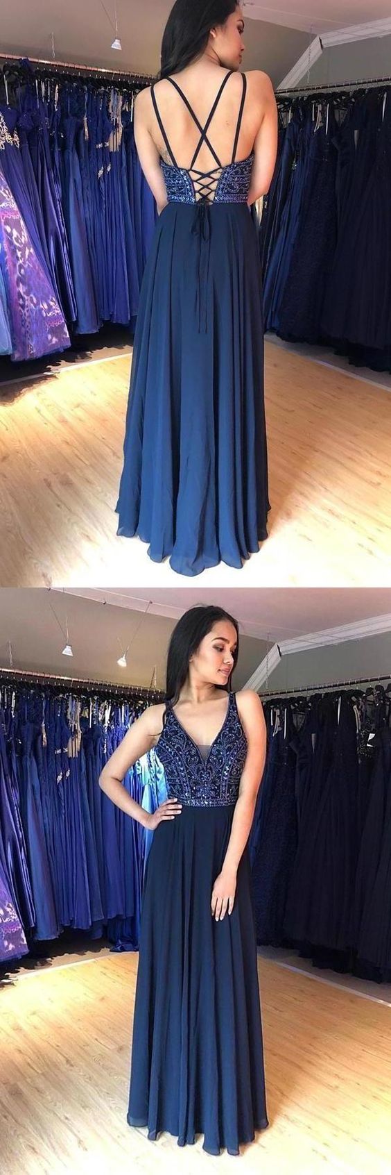 A Line V Neck Lace up Navy Blue Chiffon Long Prom Dresses with Beads Party Dresses  cg7666