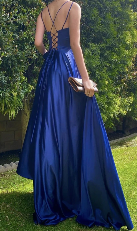 Blue satin long prom dress simple evening dress  cg7801