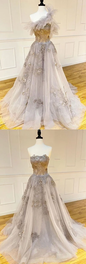 Champagne tulle lace long prom dress lace formal dress  cg7807