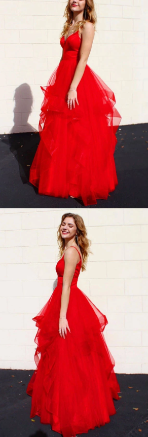 Red v neck tulle long prom dress red tulle formal dress  cg7808