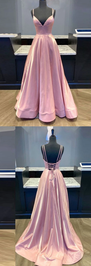 Simple v neck pink satin long prom dress pink formal dress  cg7810