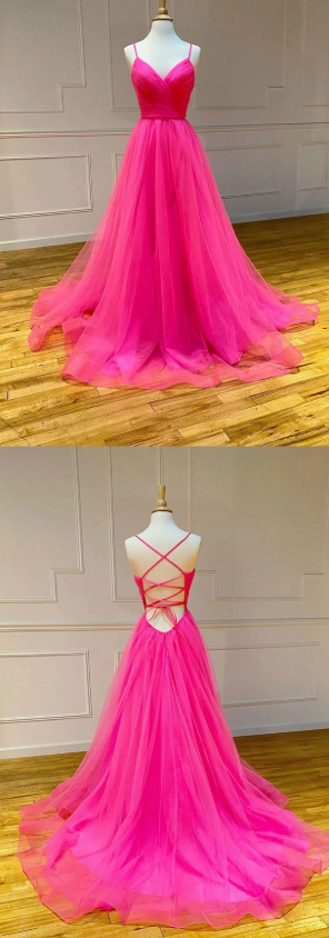 Simple pink tulle long prom dress pink tulle formal dress  cg7816