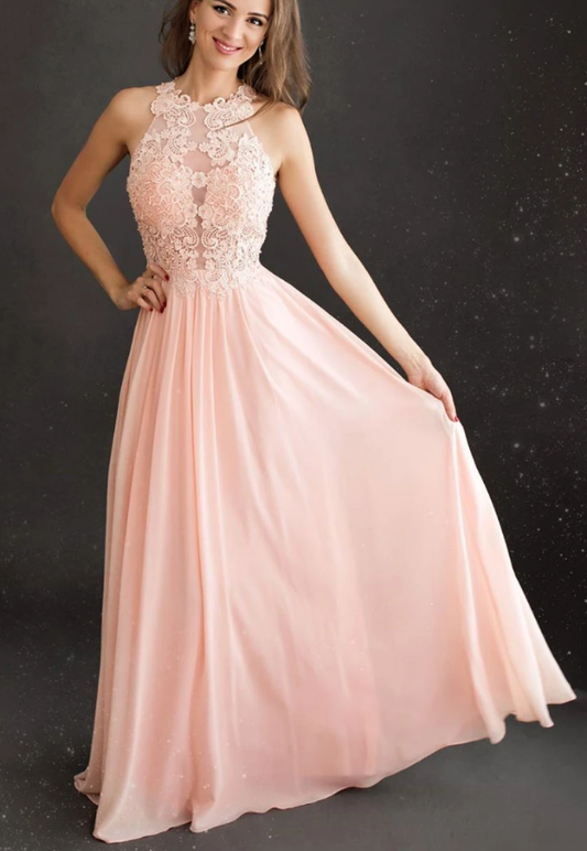 Pink round neck chiffon long prom dress lace pink evening dress  cg7817