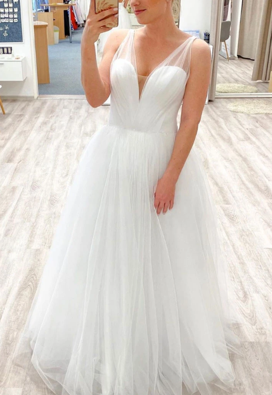 White v neck tulle long prom dress white tulle formal dress  cg7822