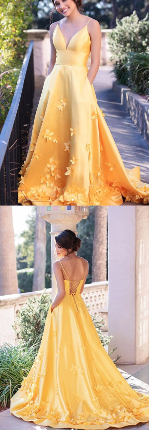 Yellow satin long prom dress yellow evening dress  cg7825