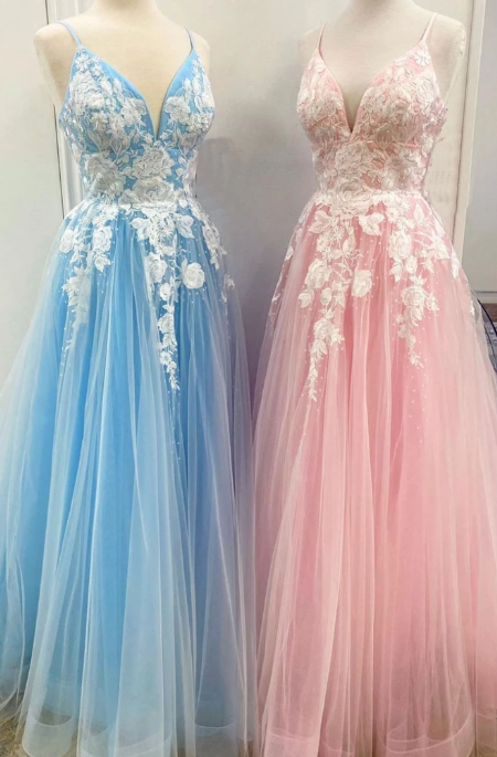 BLUE TULLE LACE LONG PROM DRESS TULLE LACE FORMAL DRESS  cg7826
