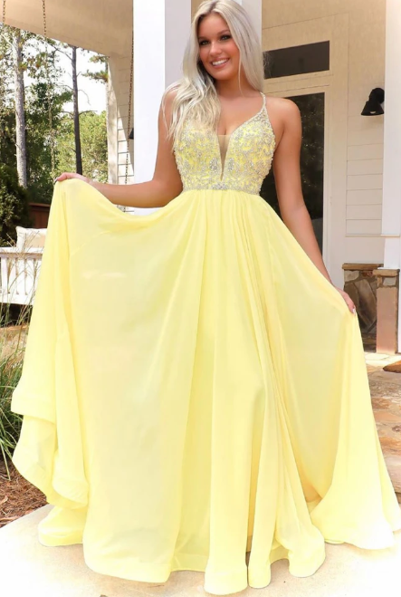 YELLOW V NECK CHIFFON BEADS LONG PROM DRESS YELLOW FORMAL DRESS  cg7831