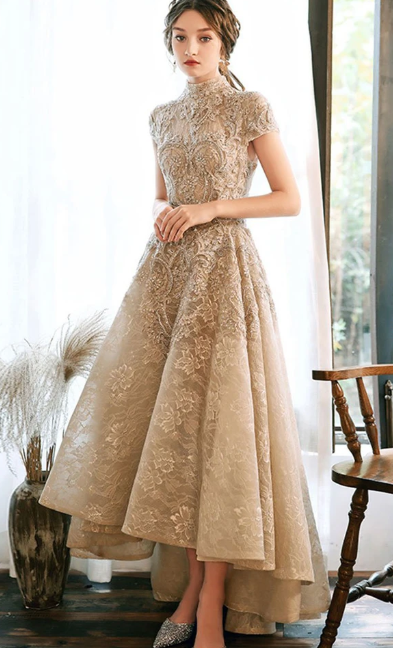 UNIQUE HIGH NECK LACE LONG PROM DRESS LACE FORMAL DRESS  cg7834