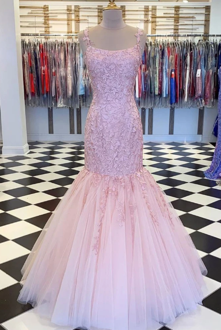 PINK TULLE LACE MERMAID LONG PROM DRESS PINK FORMAL DRESS  cg7837