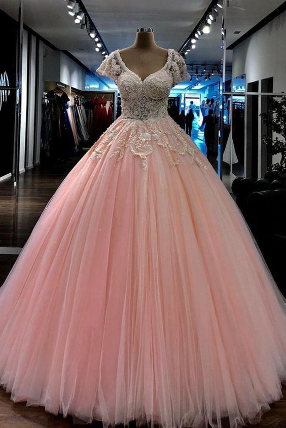 Light Pink Beaded Lace Ball Gown Long Prom Dress V Neck Cap Sleeves Evening Gowns Plus Size Formal Dress  cg7865