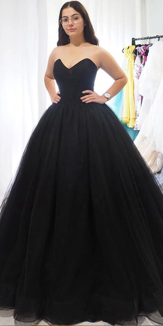 Sweetheart Black Tulle Long Strapless Prom Dress  cg7873
