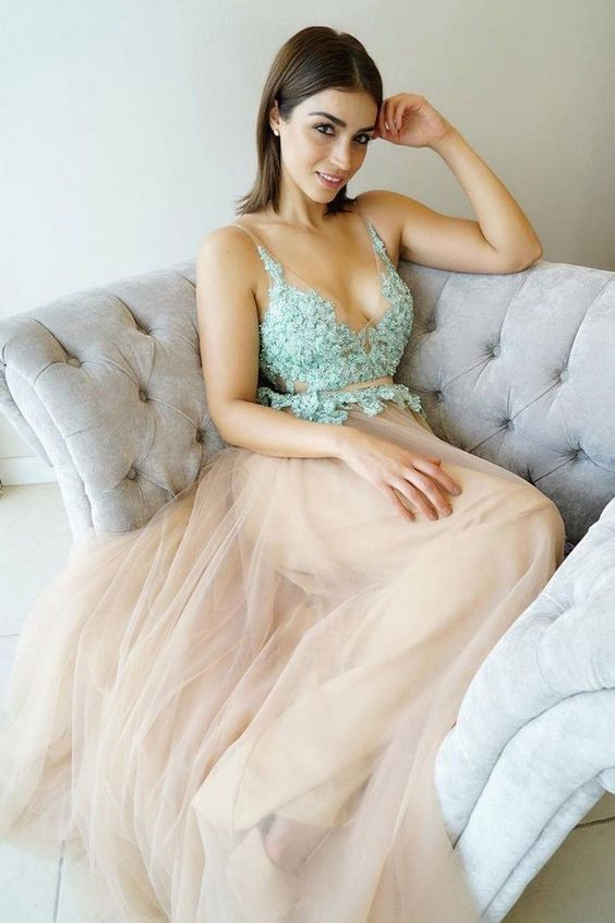 Champagne Tulle Prom Dress with Lace Bodice,Deep V-Neck Lace Evening Dress, Long Prom Dresses, Prom Gown   cg7921