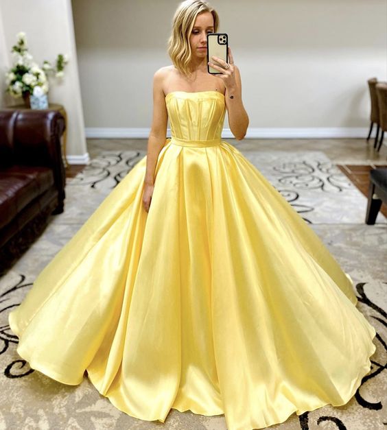 Yellow satin long prom dress yellow evening dress cg7939