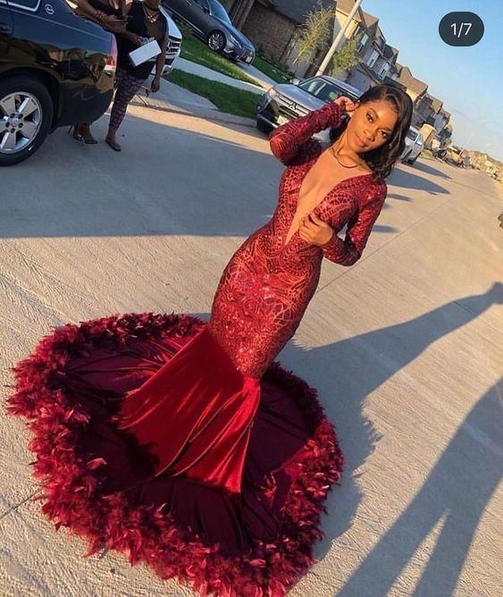 red prom dresses 2020 sparkly feather mermaid long sleeve deep v neck evening dresses formal dresses  cg7941