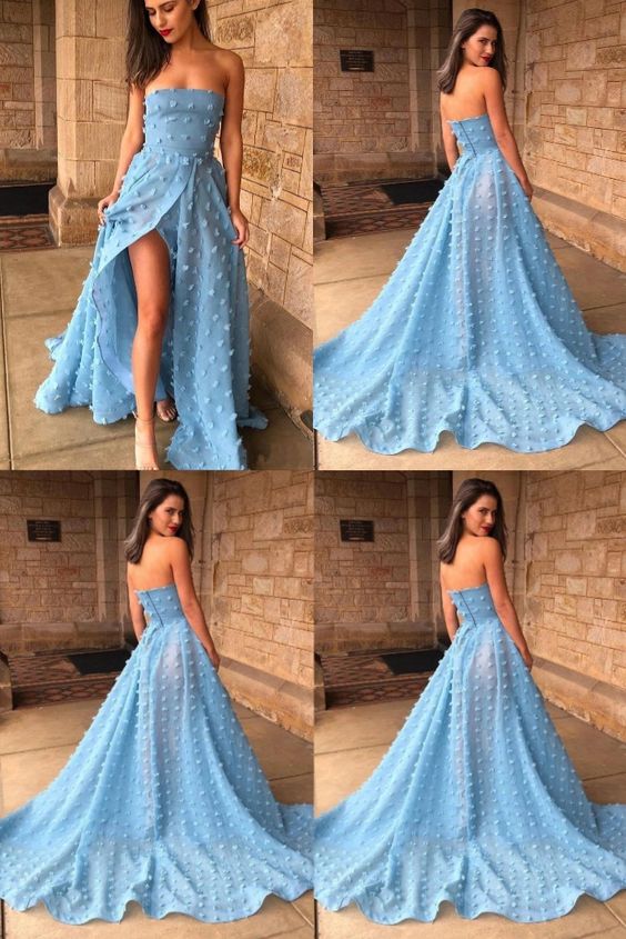 A-Line Strapless Sky Blue Lace High Split Long Prom Dress  cg7964