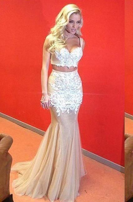 Tight Prom Dresses, Lace Spliced Mermaid/Trumpet Tulle Two Pieces Prom Dresses  cg7977