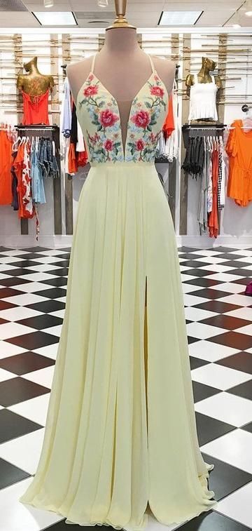 Yellow Long Prom Dress with Floral Embroidery  cg7978