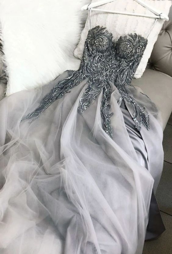 Gray sweetheart tulle lace long prom dress gray tulle formal dress  cg7981