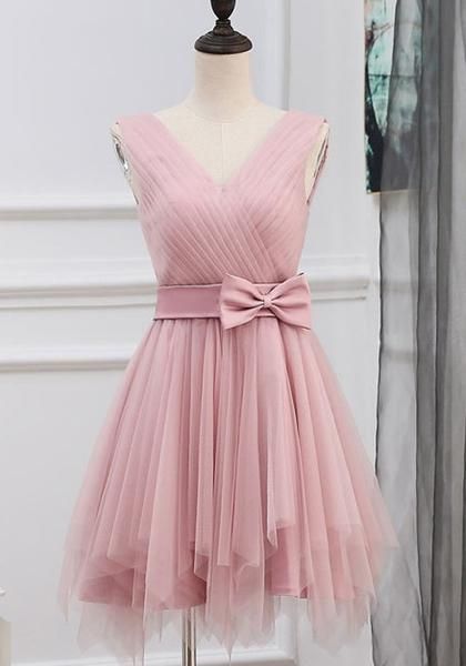 New Women Pink Patchwork Grenadine Irregular Bow V-neck Sleeveless Mini homecoming Dress  cg7985