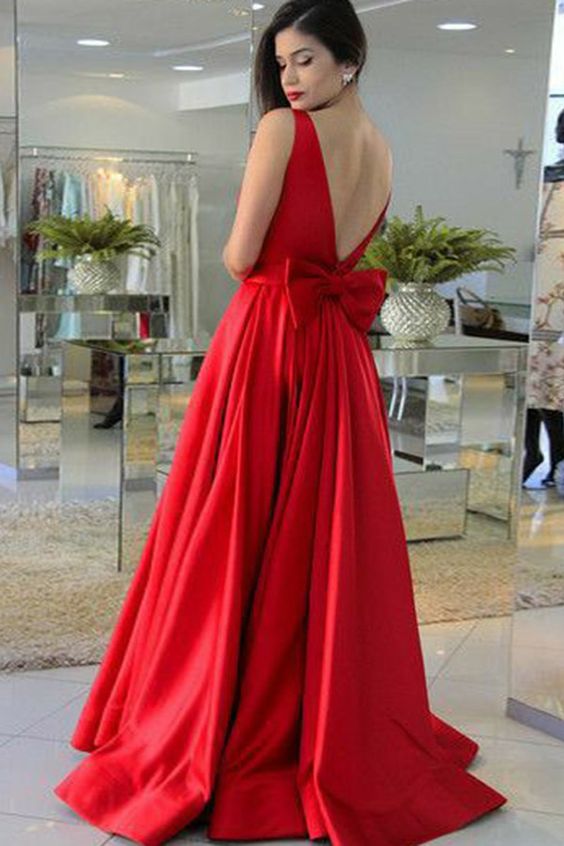 Beautiful Prom Dresses, A-Line Round Neck Red Satin Prom Dress with Bowknot  cg8004