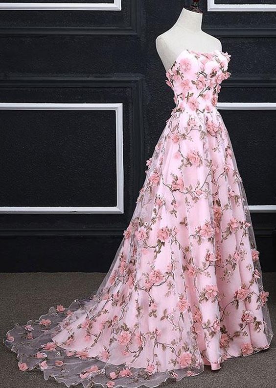 Pink A-line Sweetheart Strapless Sweep Train Floral Print Long Lace Prom Dresses with flowers  cg8007